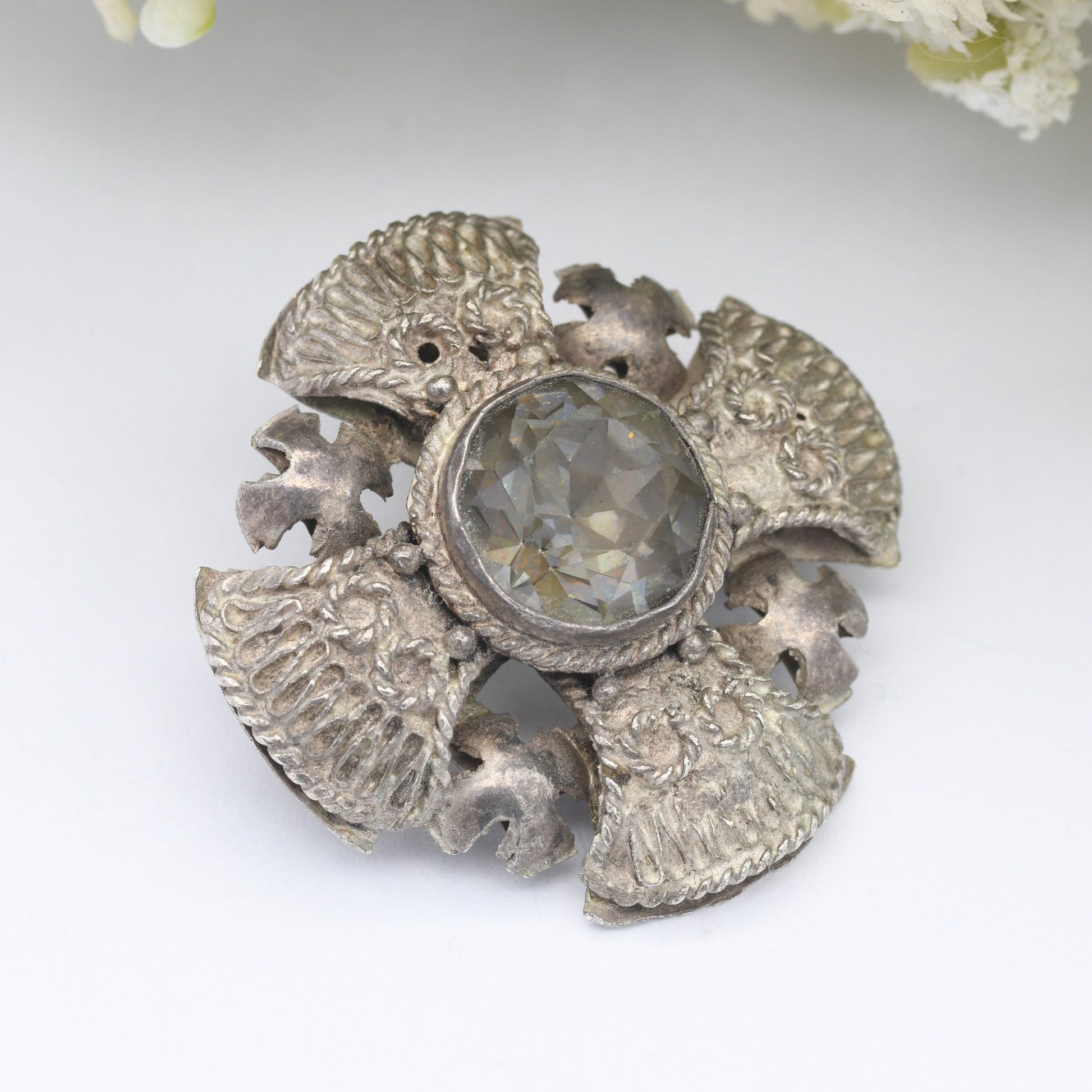 Vintage Jerusalem Cross Silver Brooch with Large Central Stone - Textured Boule Brooch | Square Crusader Cross