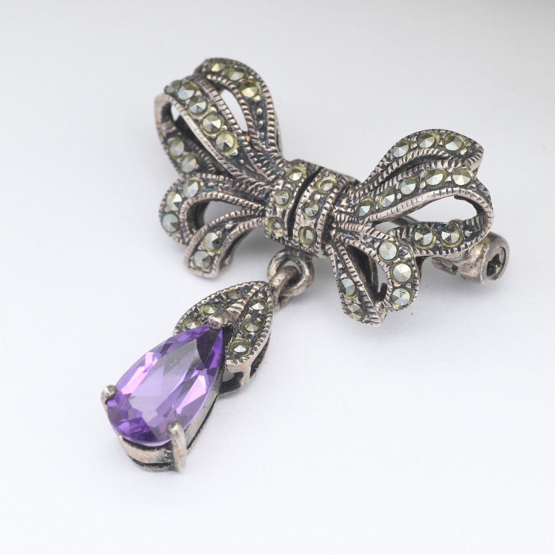 Vintage Sterling Silver Amethyst Marcasite Bow Brooch with Pendant Drop - Art Deco Style | Cute Bow Jewellery