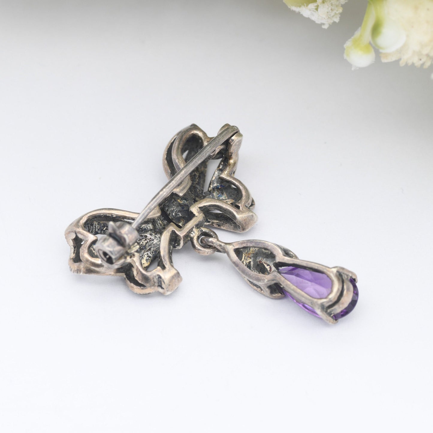 Vintage Sterling Silver Amethyst Marcasite Bow Brooch with Pendant Drop - Art Deco Style | Cute Bow Jewellery