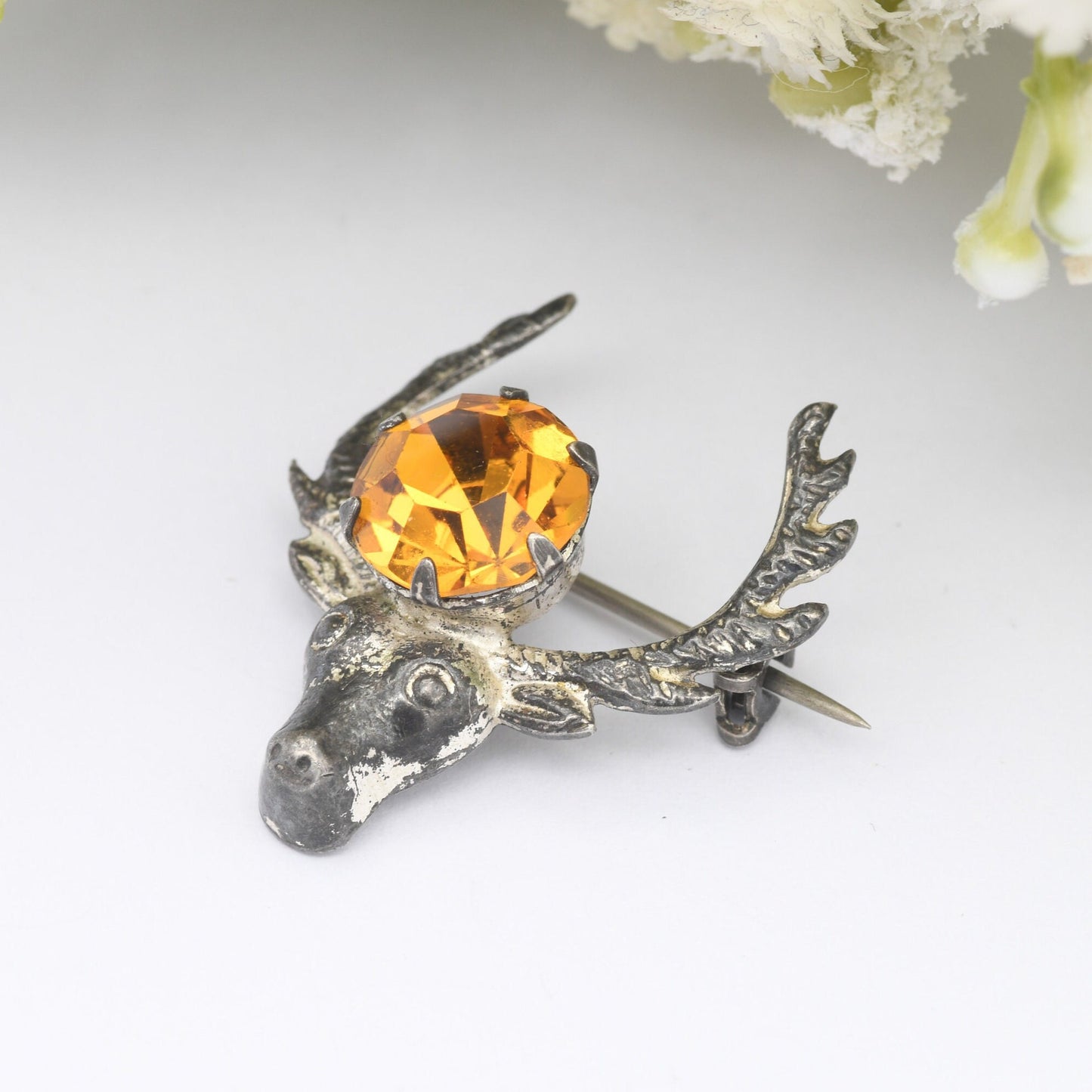 Vintage Ward Brothers Sterling Silver Stag Brooch - Collectable WBs Scottish Silver | Deer with Antlers | Large Orange Paste Stone