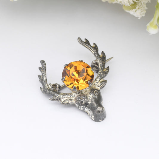 Vintage Ward Brothers Sterling Silver Stag Brooch - Collectable WBs Scottish Silver | Deer with Antlers | Large Orange Paste Stone