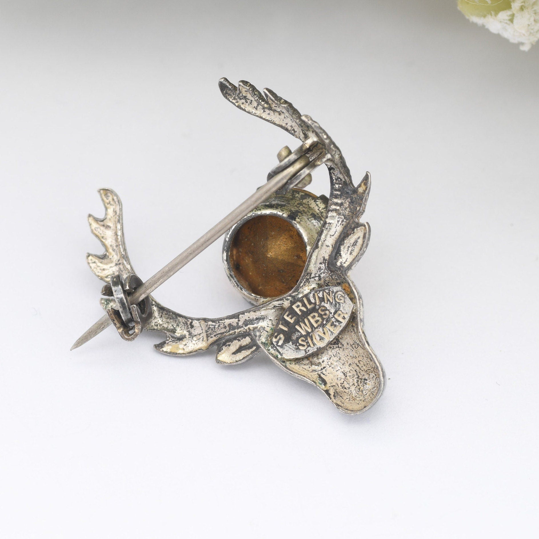 Vintage Ward Brothers Sterling Silver Stag Brooch - Collectable WBs Scottish Silver | Deer with Antlers | Large Orange Paste Stone