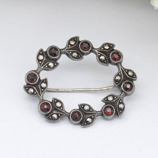 Vintage European Silver Marcasite Garnet Paste Wreath Brooch - Art Deco Style | Sparkly Jewellery