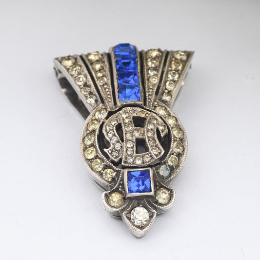Antique Art Deco Silver Dress Clip with Blue and Clear Paste Diamante - Patent No. 1124748
