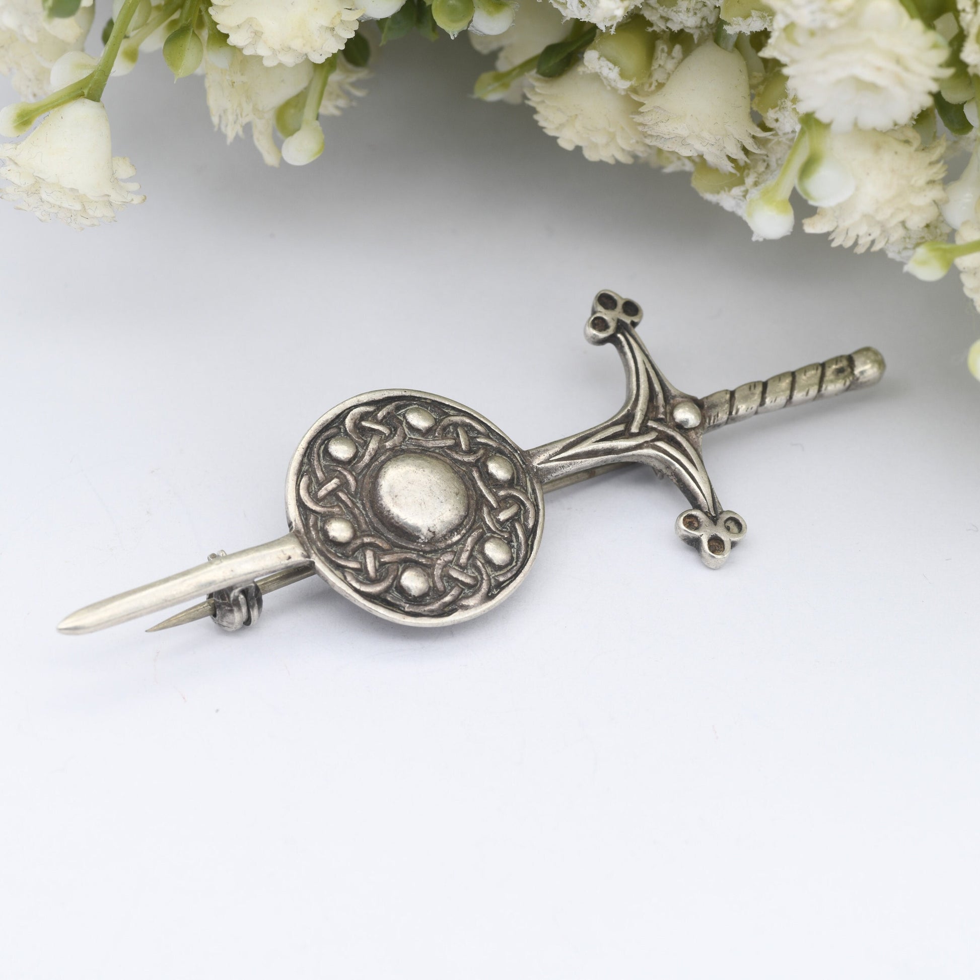 Vintage Iona Scottish Silver Sword & Shield Brooch | Kilt Pin 1959 by John Hart HJ JH - Collectable Scotland Jewellery