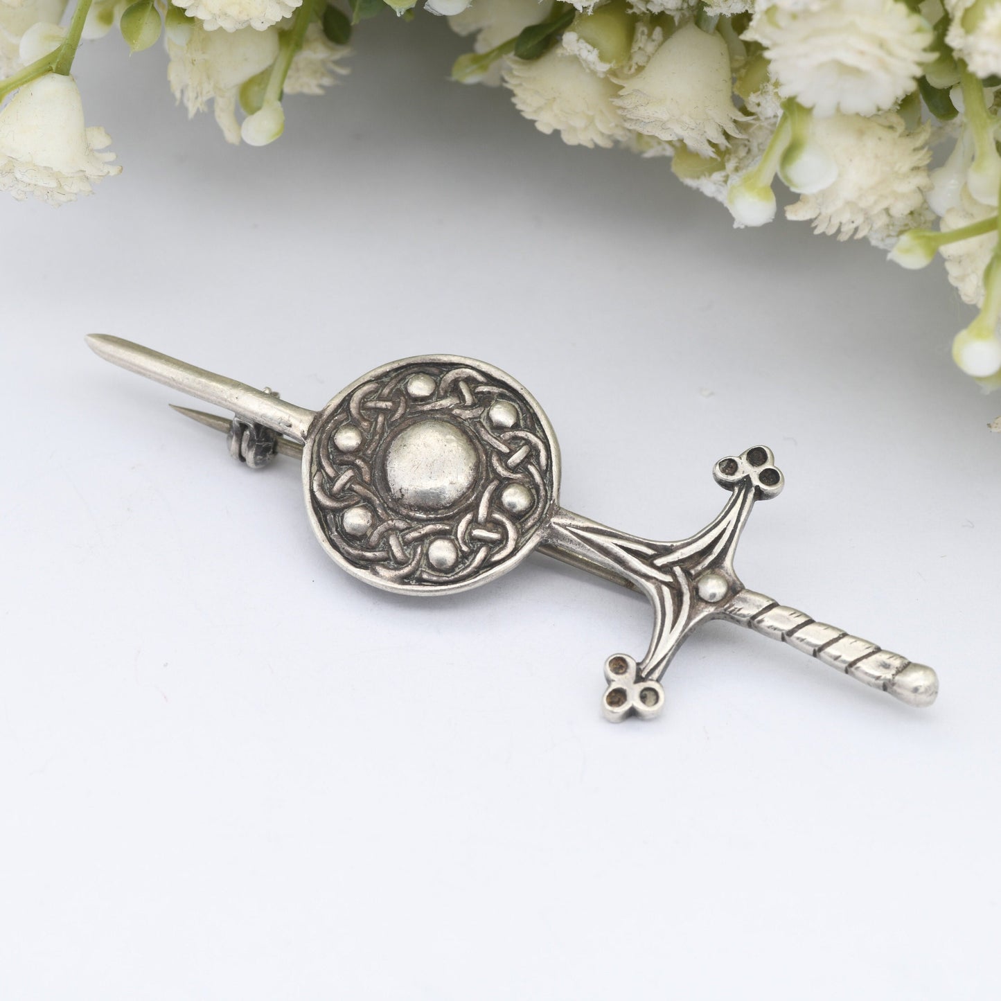 Vintage Iona Scottish Silver Sword & Shield Brooch | Kilt Pin 1959 by John Hart HJ JH - Collectable Scotland Jewellery