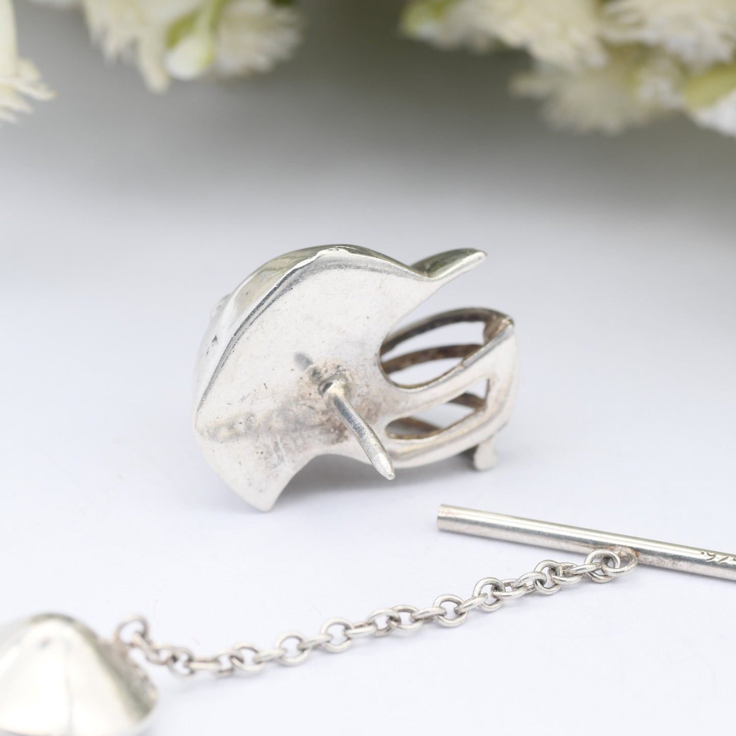 Sterling Silver Baseball Helmet Brooch Pin with Jaw Guard - Novelty Sporting Athletic Gift | 3D