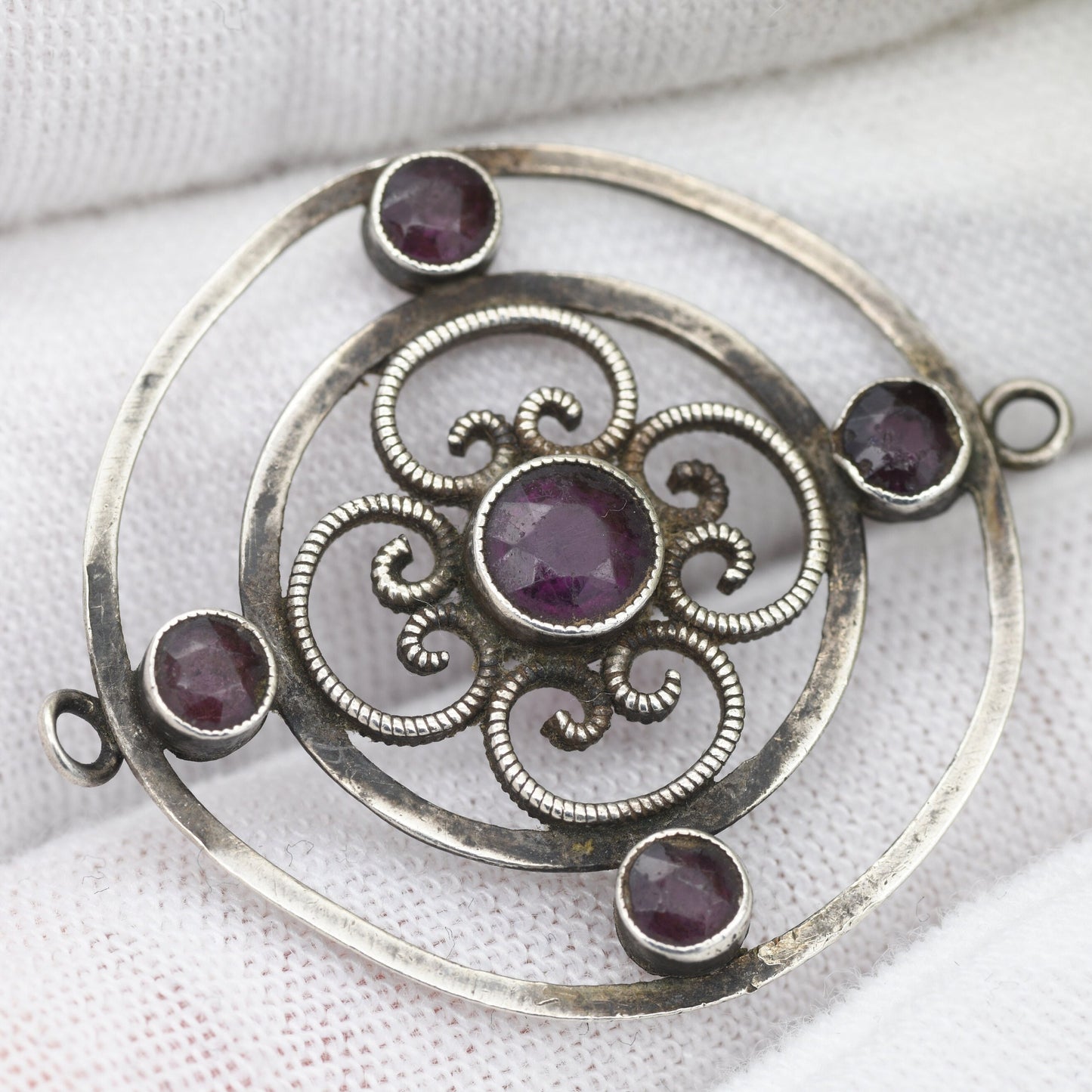 Antique Edwardian Silver Purple Paste Pendant with Two-Sided Bale Loops - Silver Lavalier