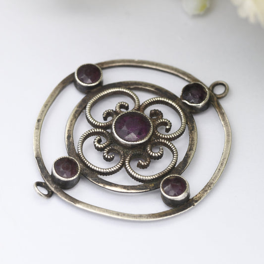 Antique Edwardian Silver Purple Paste Pendant with Two-Sided Bale Loops - Silver Lavalier