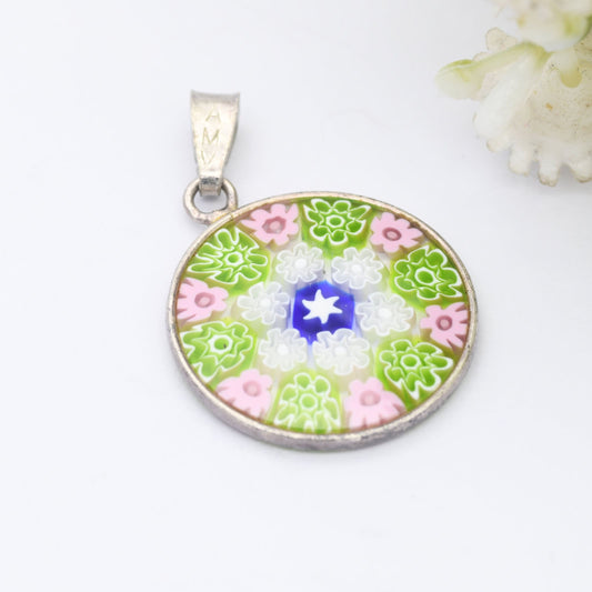 Sterling Silver Millefiori Glass Flower Pendant - Green and Pink | Circle | Floral