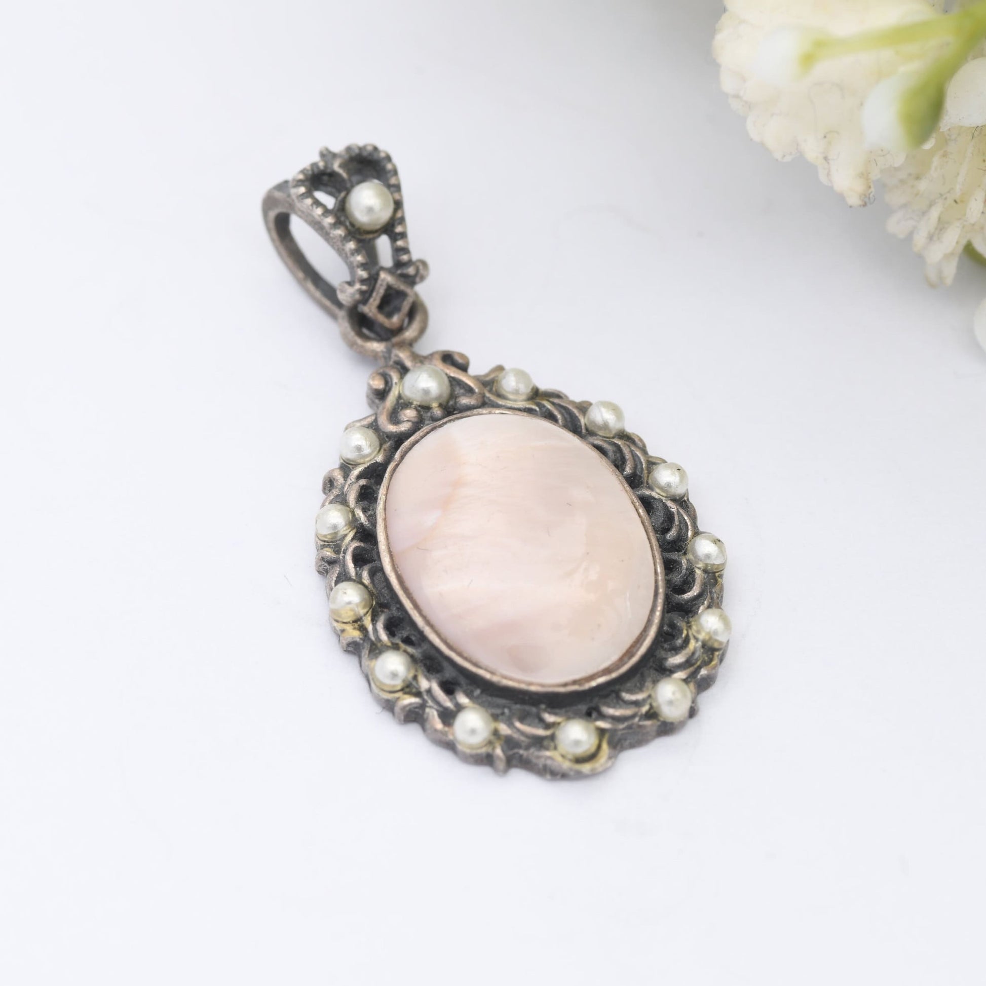 Vintage Sterling Silver Mother of Pearl Pendant - Ornate Faux Pearl Surround