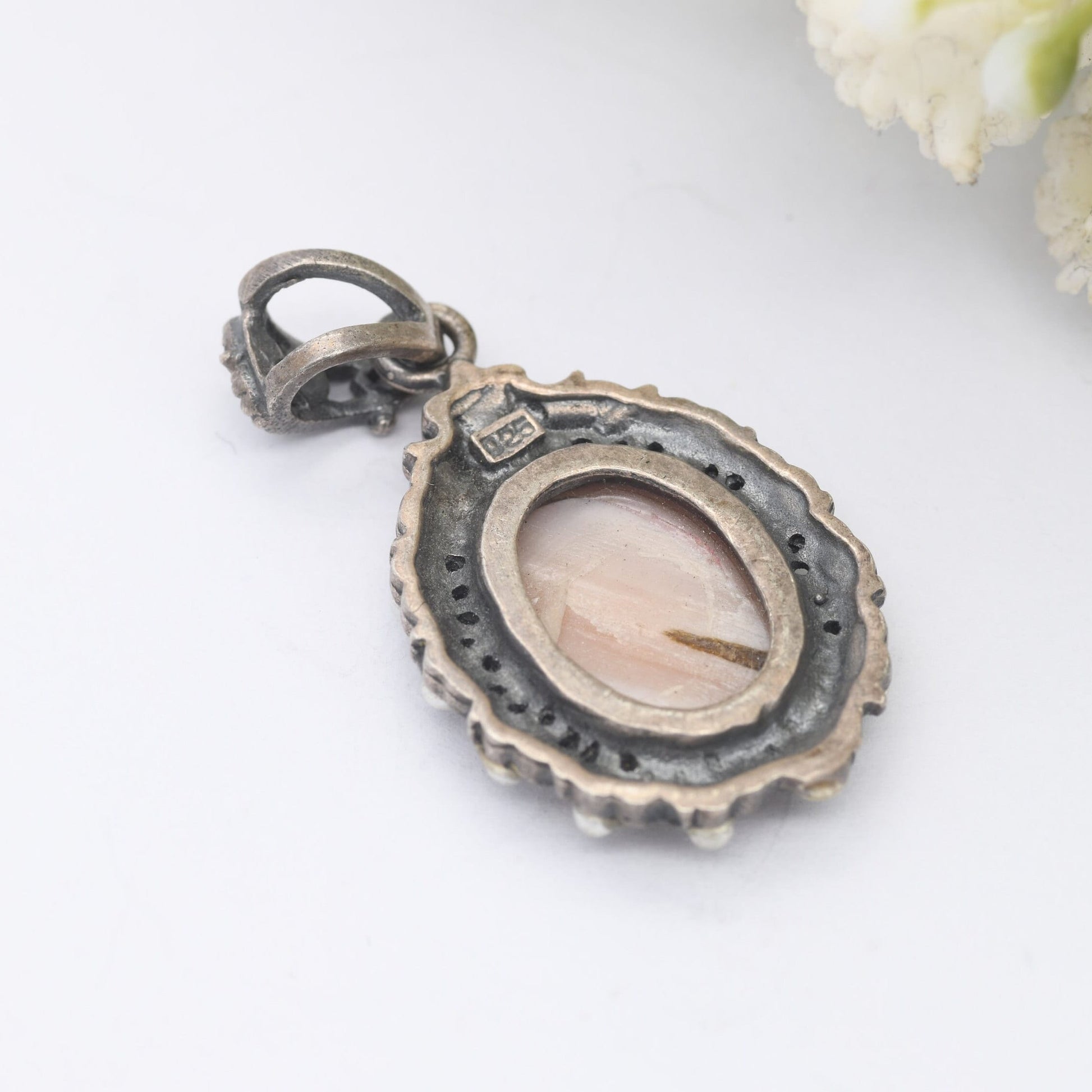 Vintage Sterling Silver Mother of Pearl Pendant - Ornate Faux Pearl Surround