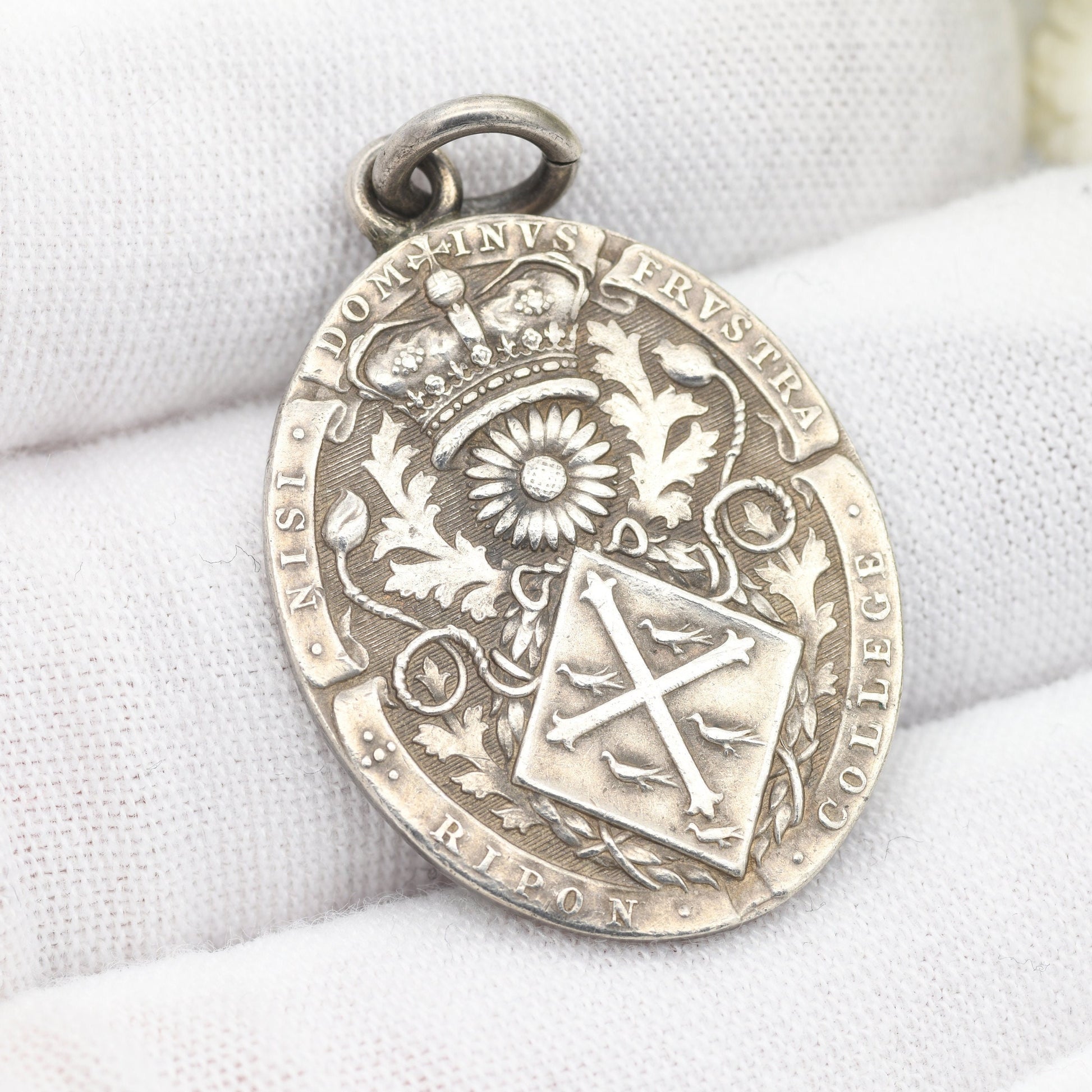 Antique Sterling Silver Ripon College Medal Pendant - Ornate Watch Fob | Latin Inscription | Old School Motto