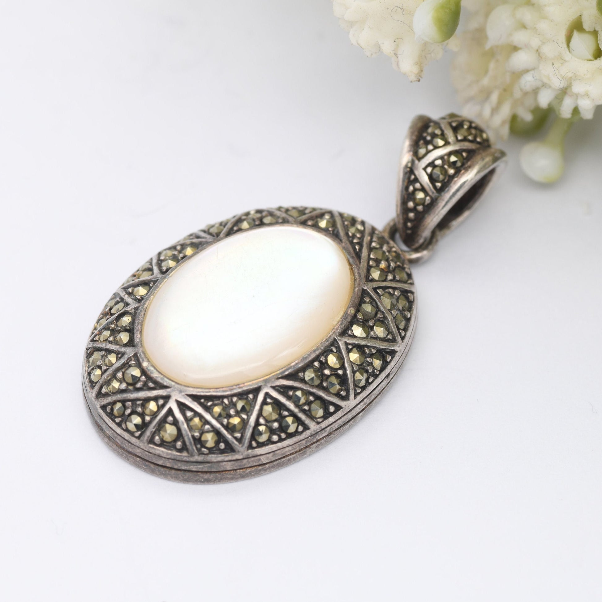 Vintage Sterling Silver Mother of Pearl and Marcasite Oval Pendant