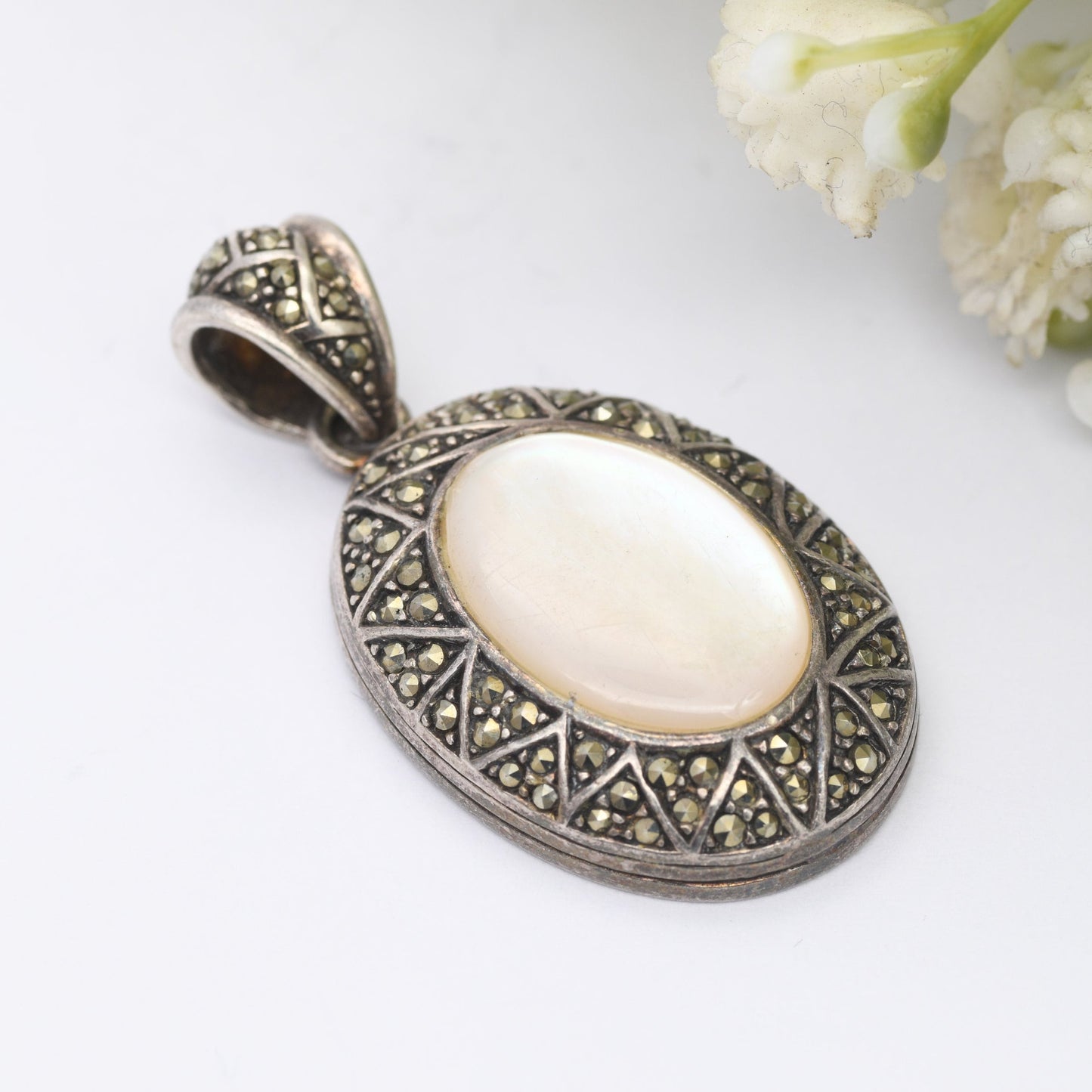 Vintage Sterling Silver Mother of Pearl and Marcasite Oval Pendant