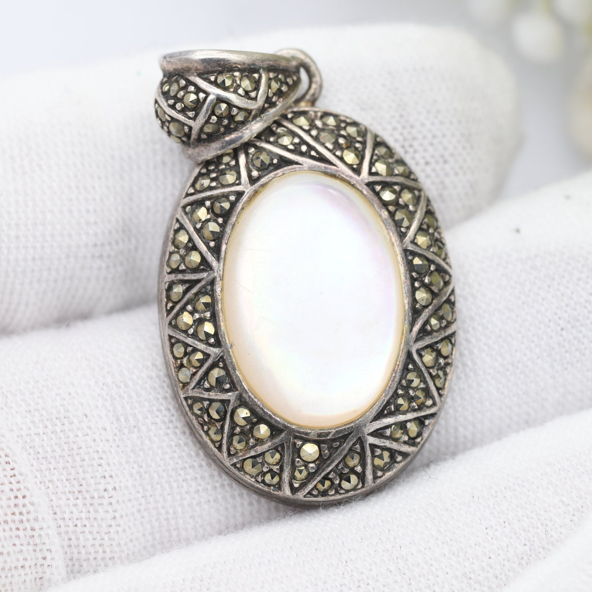 Vintage Sterling Silver Mother of Pearl and Marcasite Oval Pendant