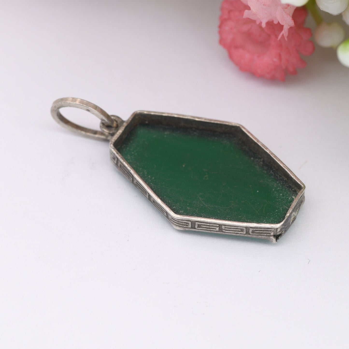 Antique Chrysoprase Pendant with Greek Key Mount - Silver Tone | Long Hexagonal Shape | Unusual Charm