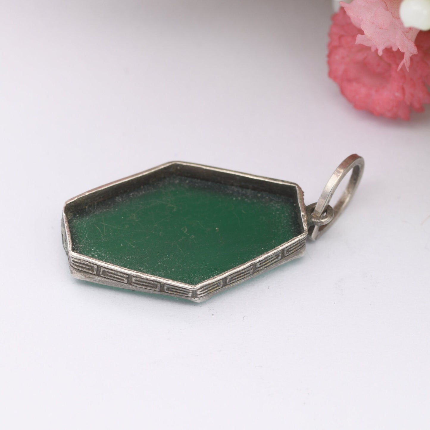 Antique Chrysoprase Pendant with Greek Key Mount - Silver Tone | Long Hexagonal Shape | Unusual Charm