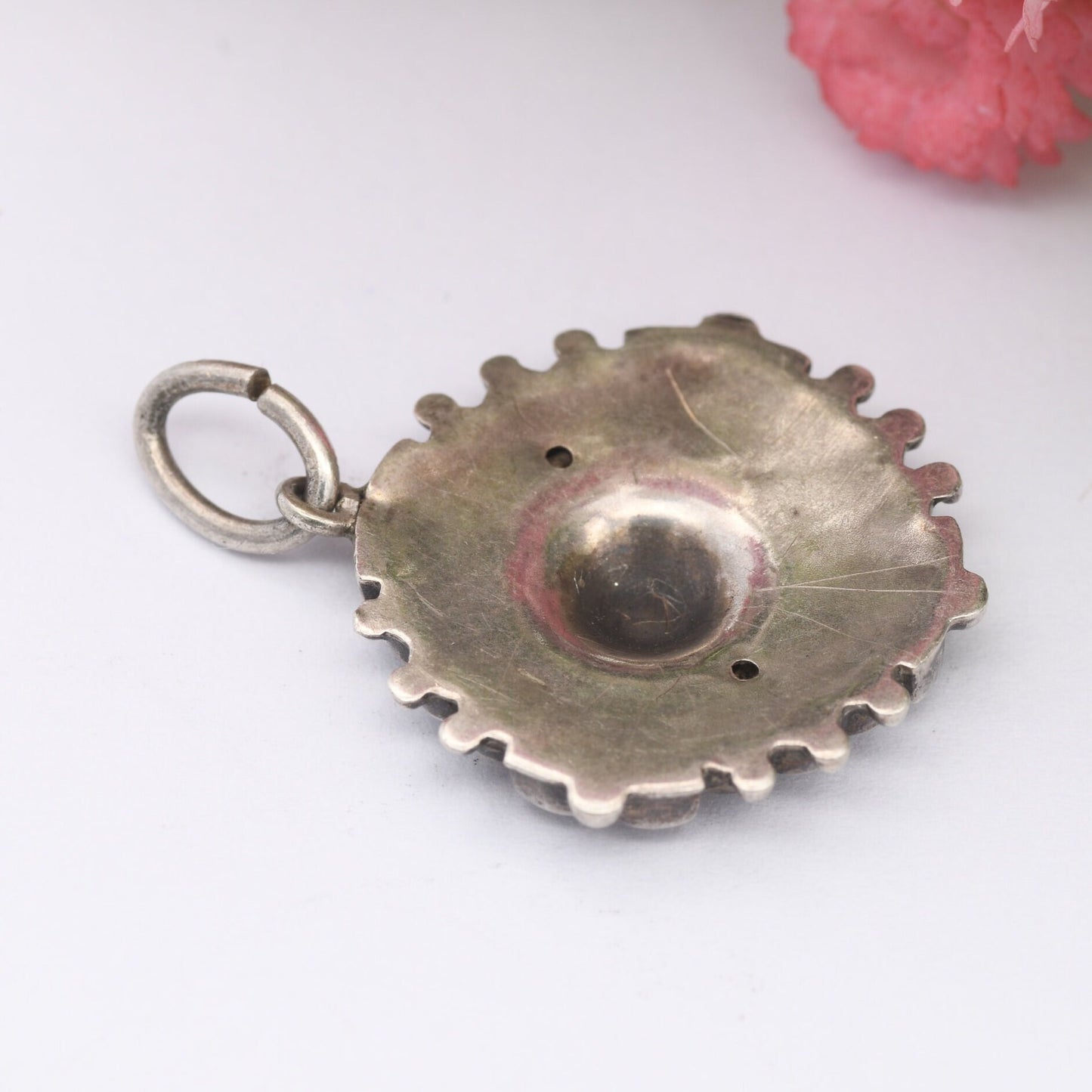 Antique Aesthetic Movement Sterling Silver Pendant with Ornate Scrolling Design - Small Victorian Silver Circle Charm | c. 1800s