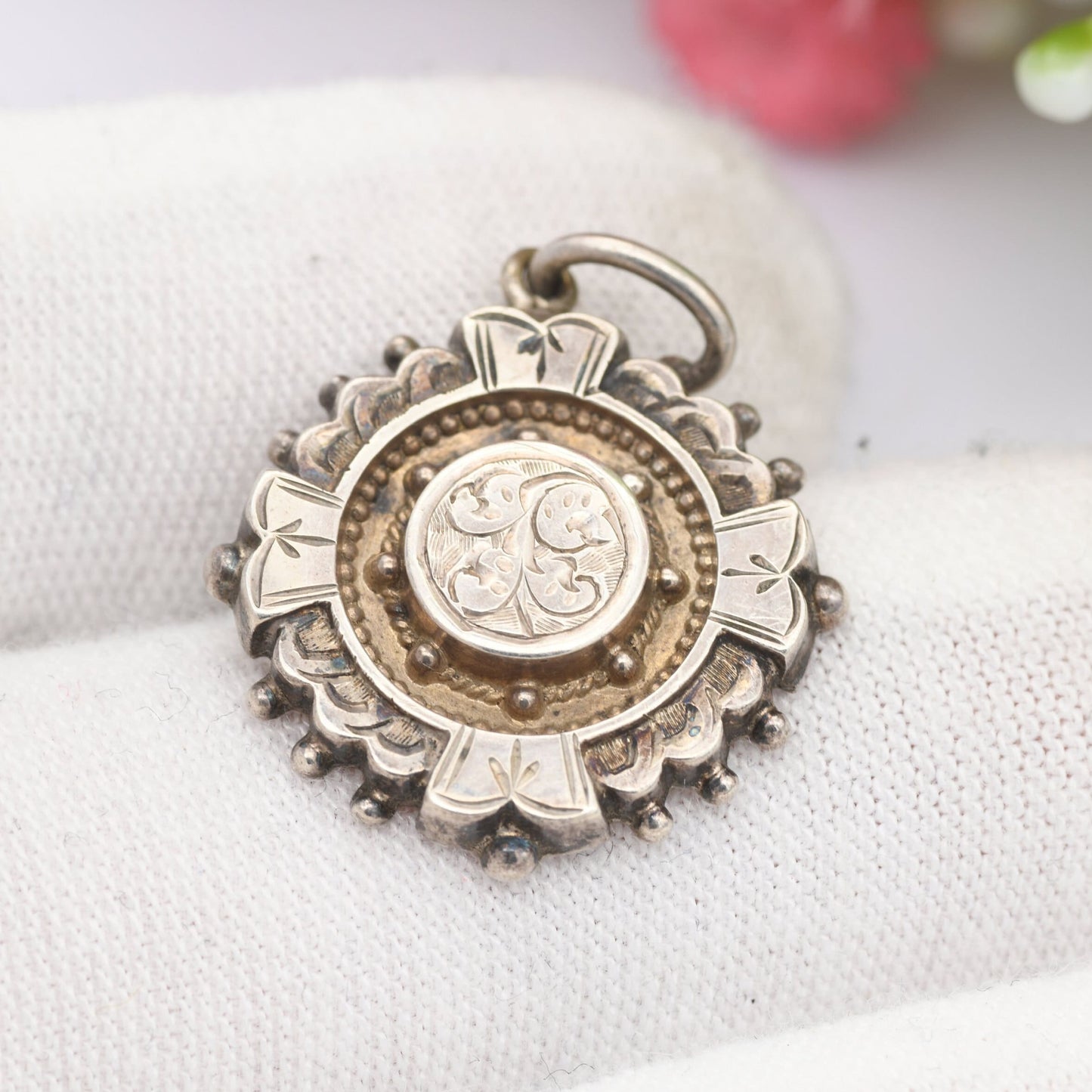 Antique Aesthetic Movement Sterling Silver Pendant with Ornate Scrolling Design - Small Victorian Silver Circle Charm | c. 1800s