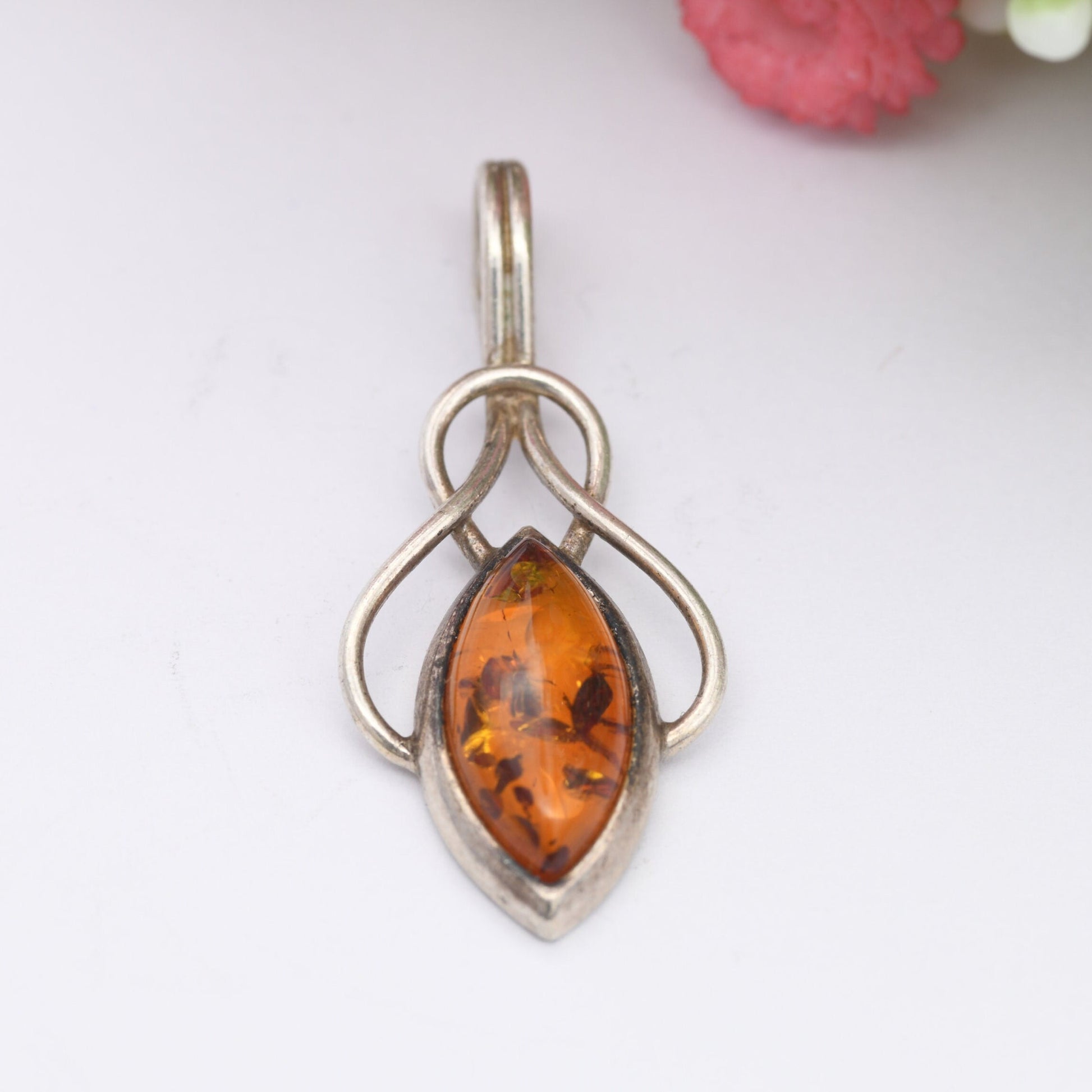 Vintage Amber Sterling Silver Pendant - Baltic Amber Pendant | Unusual Shape | Celtic Design | Elven Silver Necklace