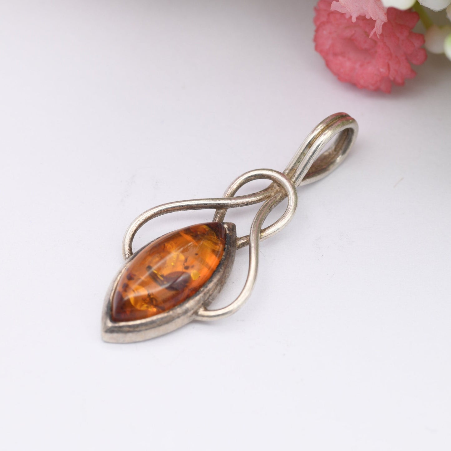 Vintage Amber Sterling Silver Pendant - Baltic Amber Pendant | Unusual Shape | Celtic Design | Elven Silver Necklace