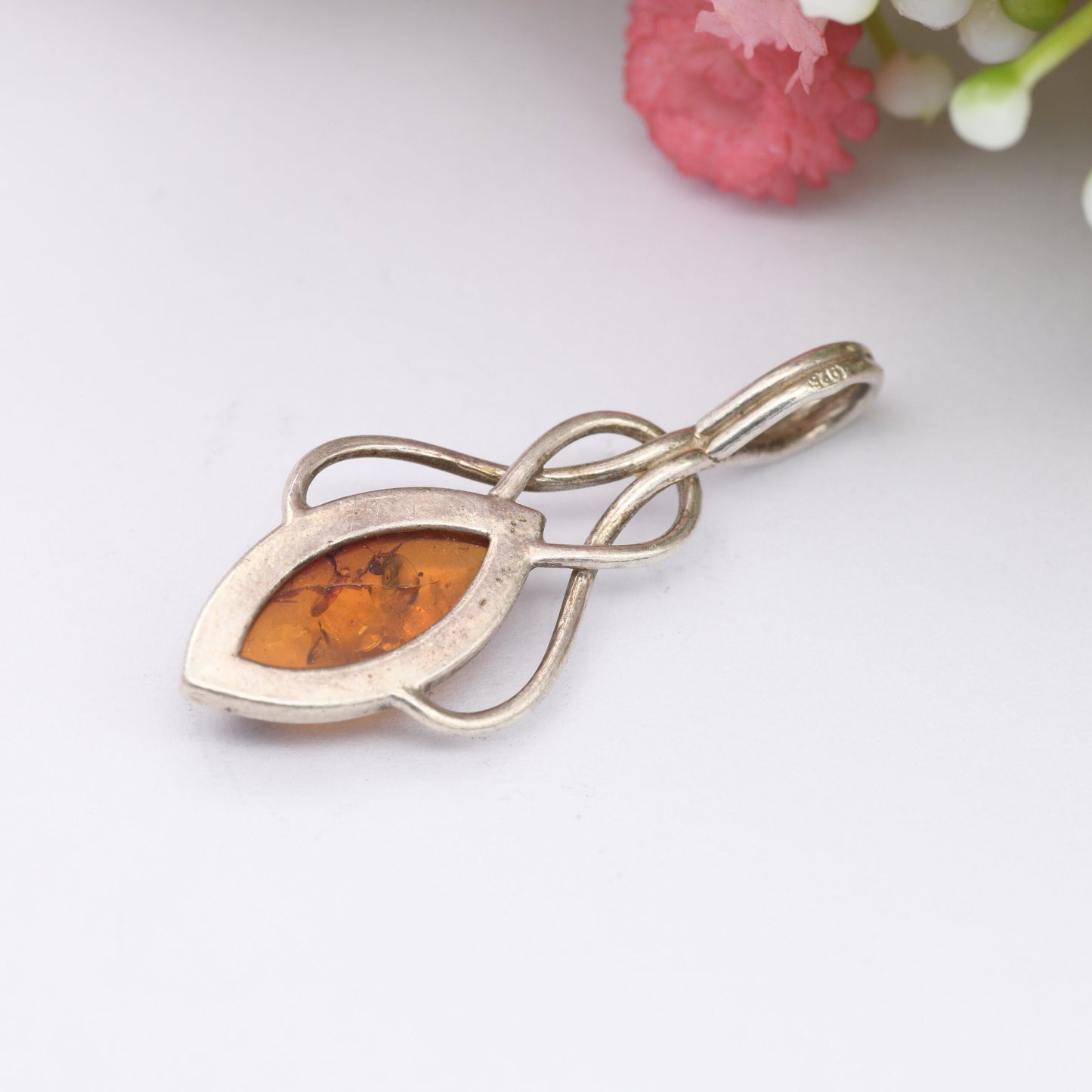 Vintage Amber Sterling Silver Pendant - Baltic Amber Pendant | Unusual Shape | Celtic Design | Elven Silver Necklace