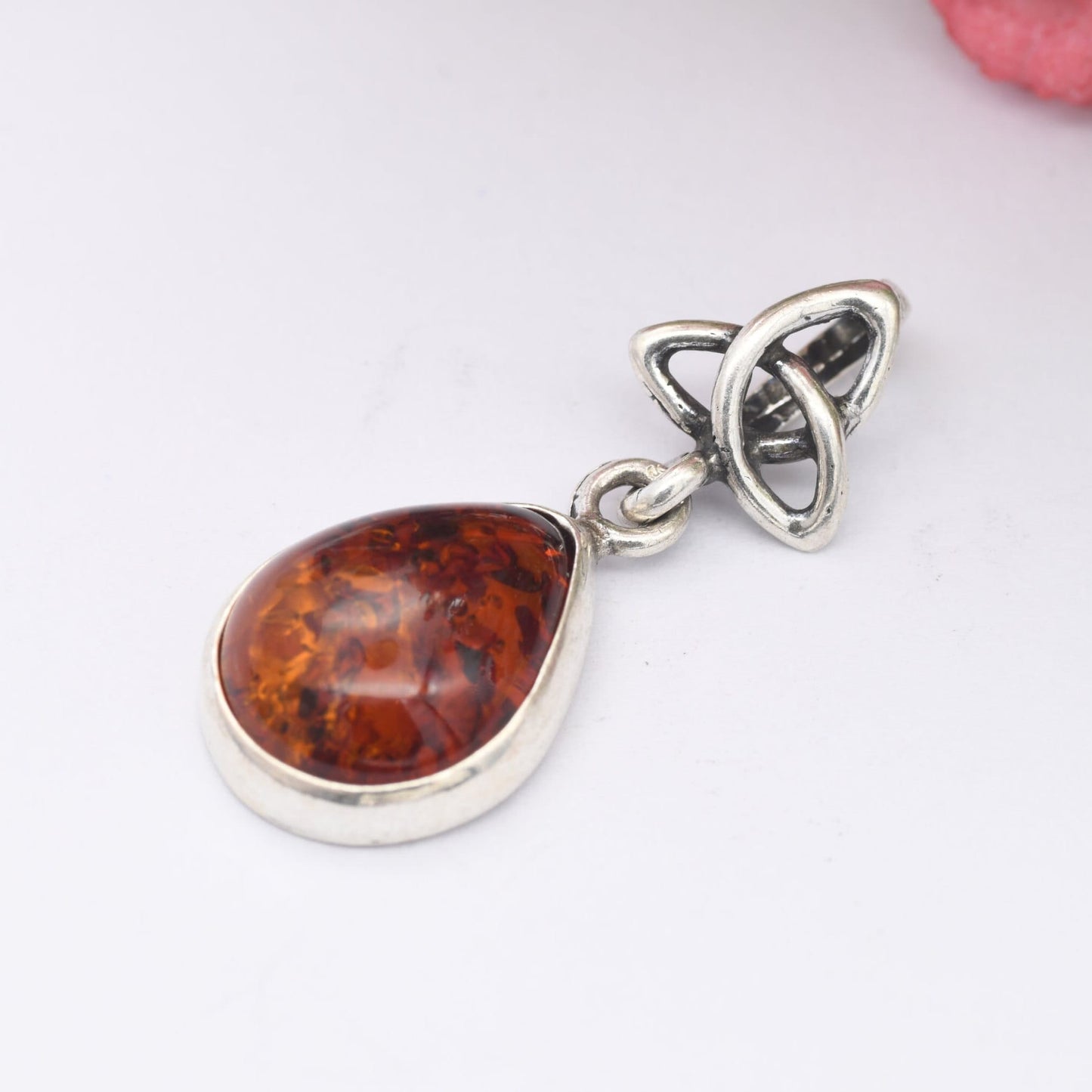 Vintage Sterling Silver Amber Pendant - Baltic Amber Pendant | Celtic Knot Trefoil Triquetra