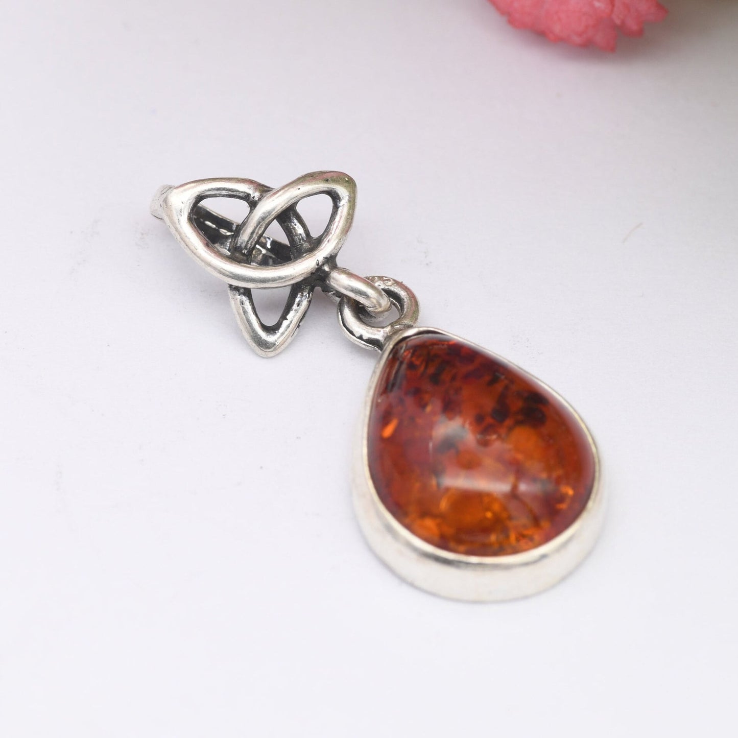 Vintage Sterling Silver Amber Pendant - Baltic Amber Pendant | Celtic Knot Trefoil Triquetra