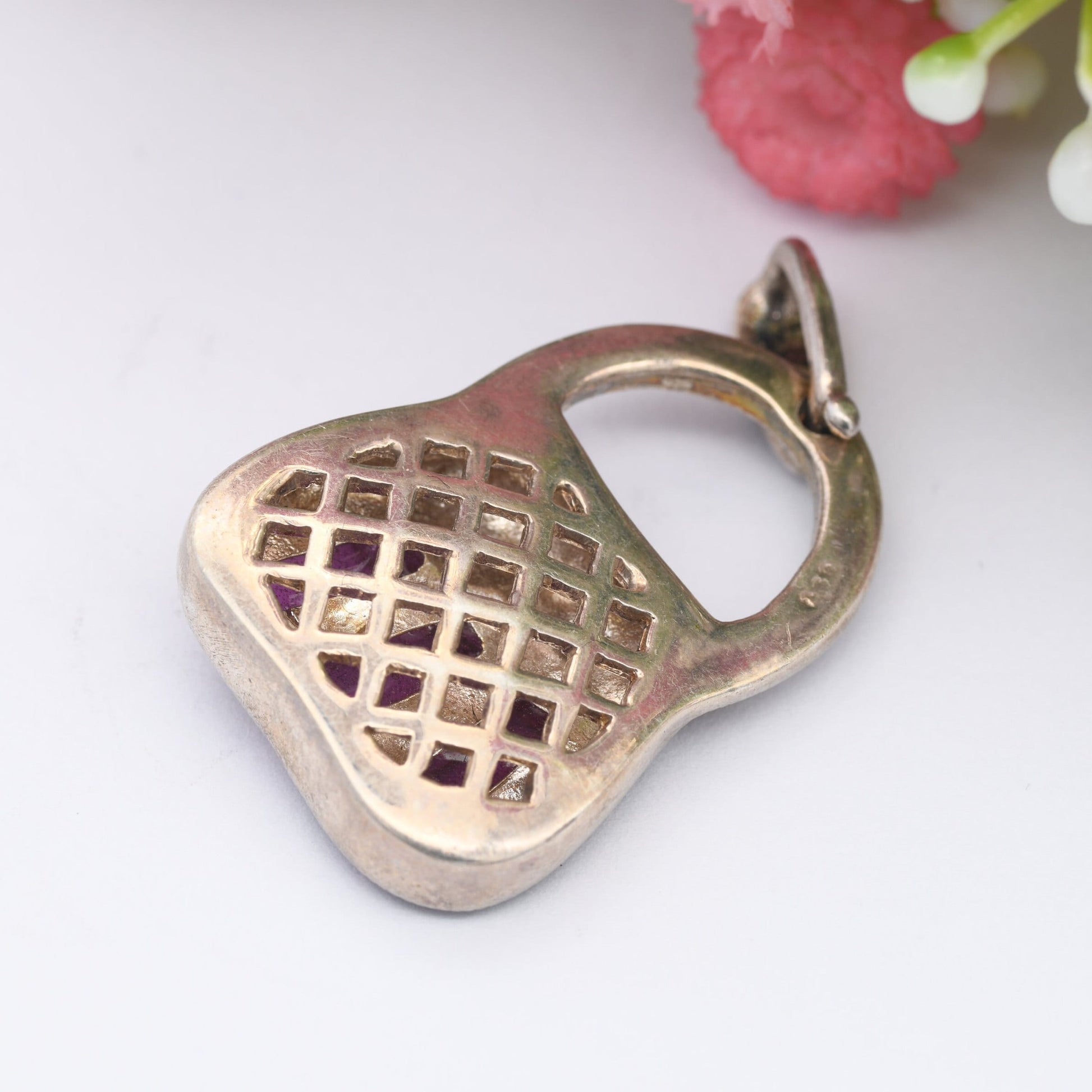 Sterling Silver Handbag Pendant with Flower - Sparkly Marcasite Pink Enamel Plique a Jour