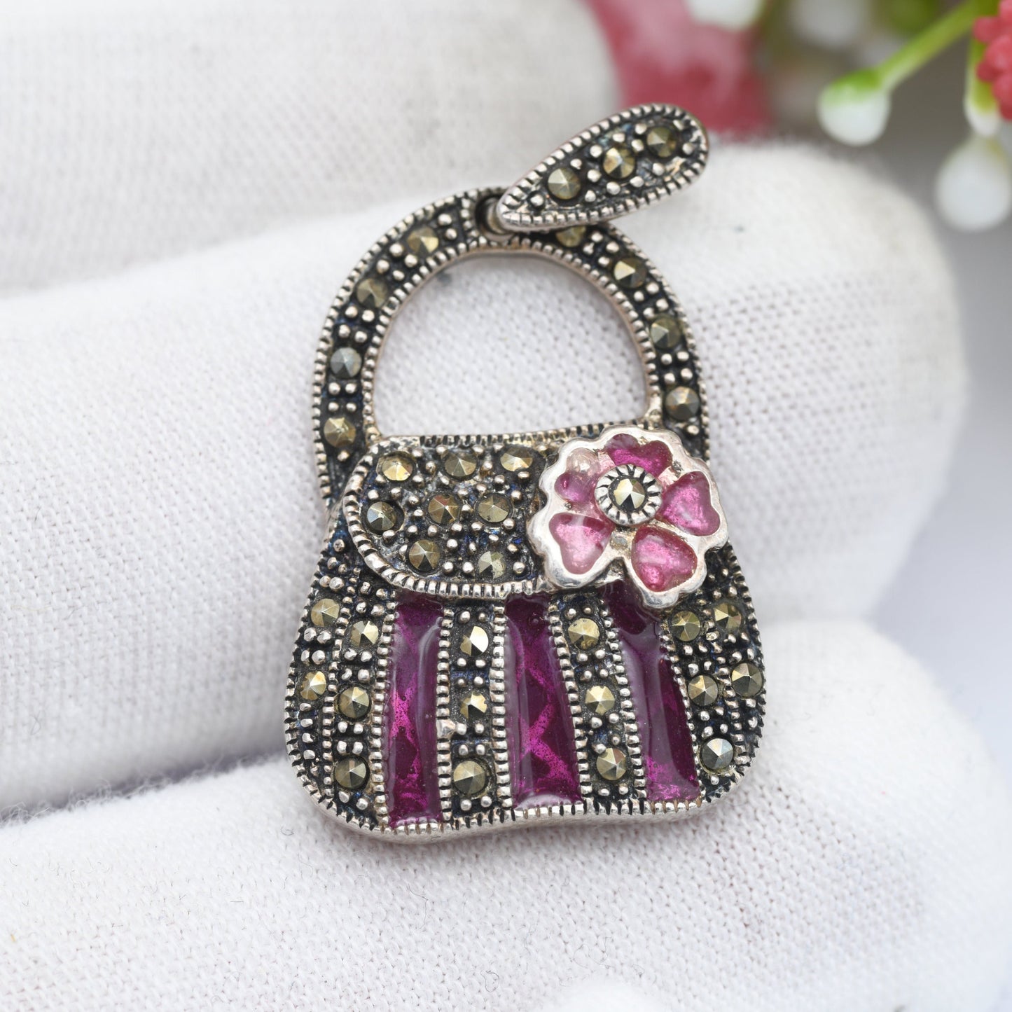 Sterling Silver Handbag Pendant with Flower - Sparkly Marcasite Pink Enamel Plique a Jour