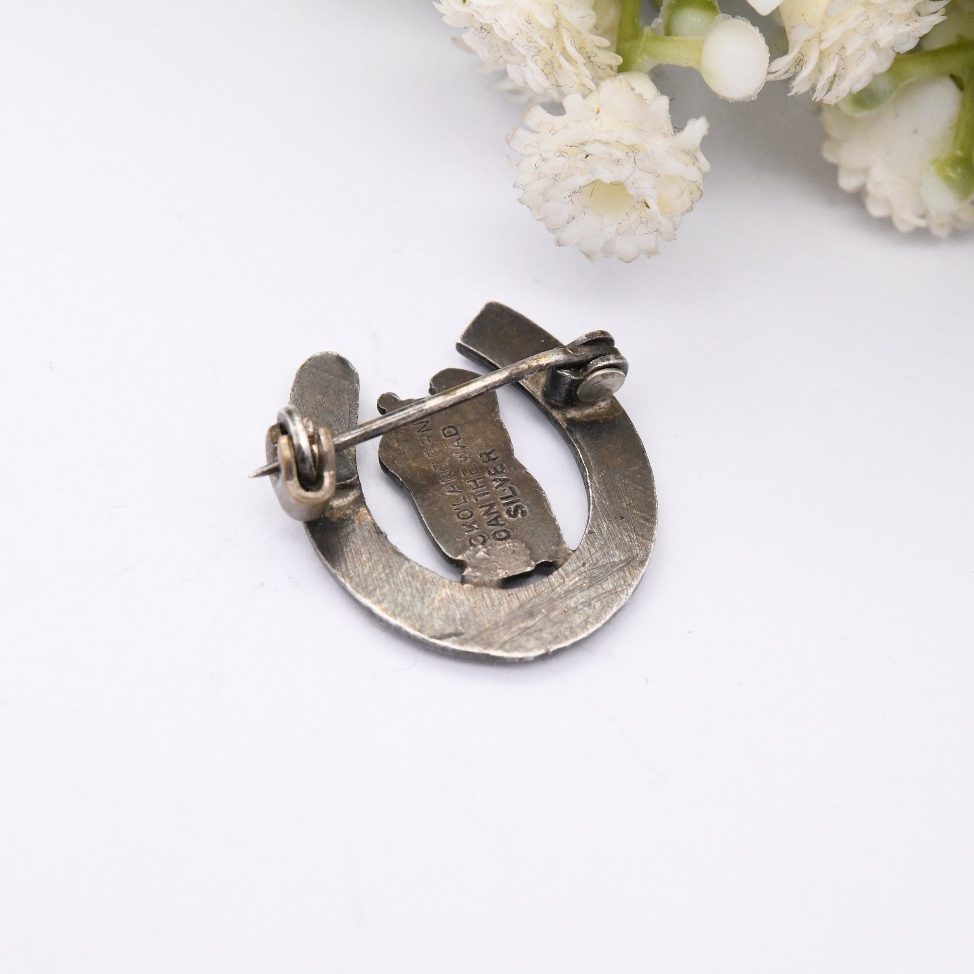 Vintage Sterling Silver Good Luck Horseshoe Brooch with Jack o'Lantern and Joan the Wad | King & Queen of Cornish Pixies | English Folklore