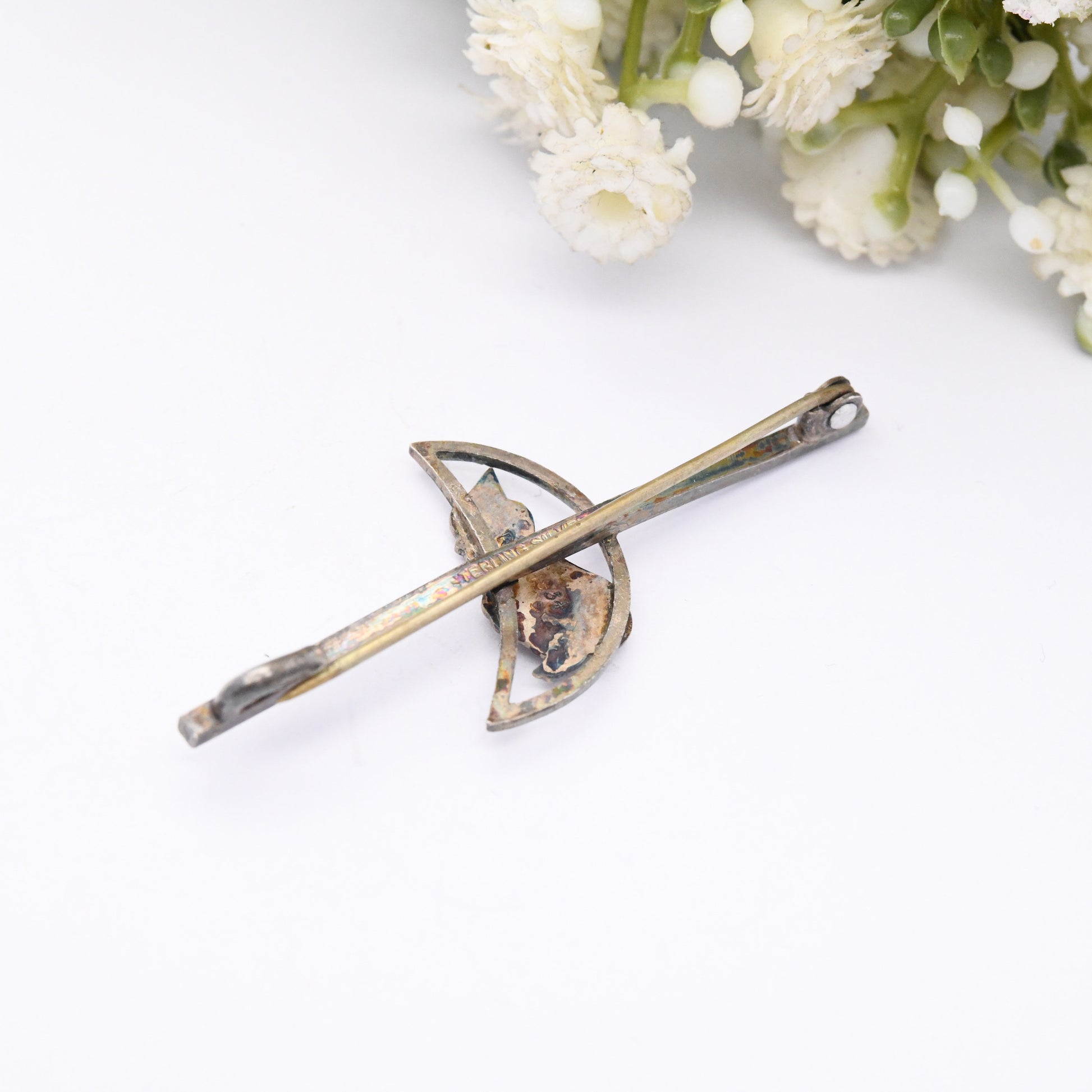 Antique Sterling Silver Man in the Moon Bar Brooch