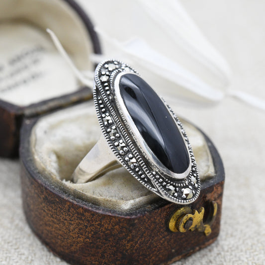 Vintage Sterling Silver Onyx Marcasite Ring