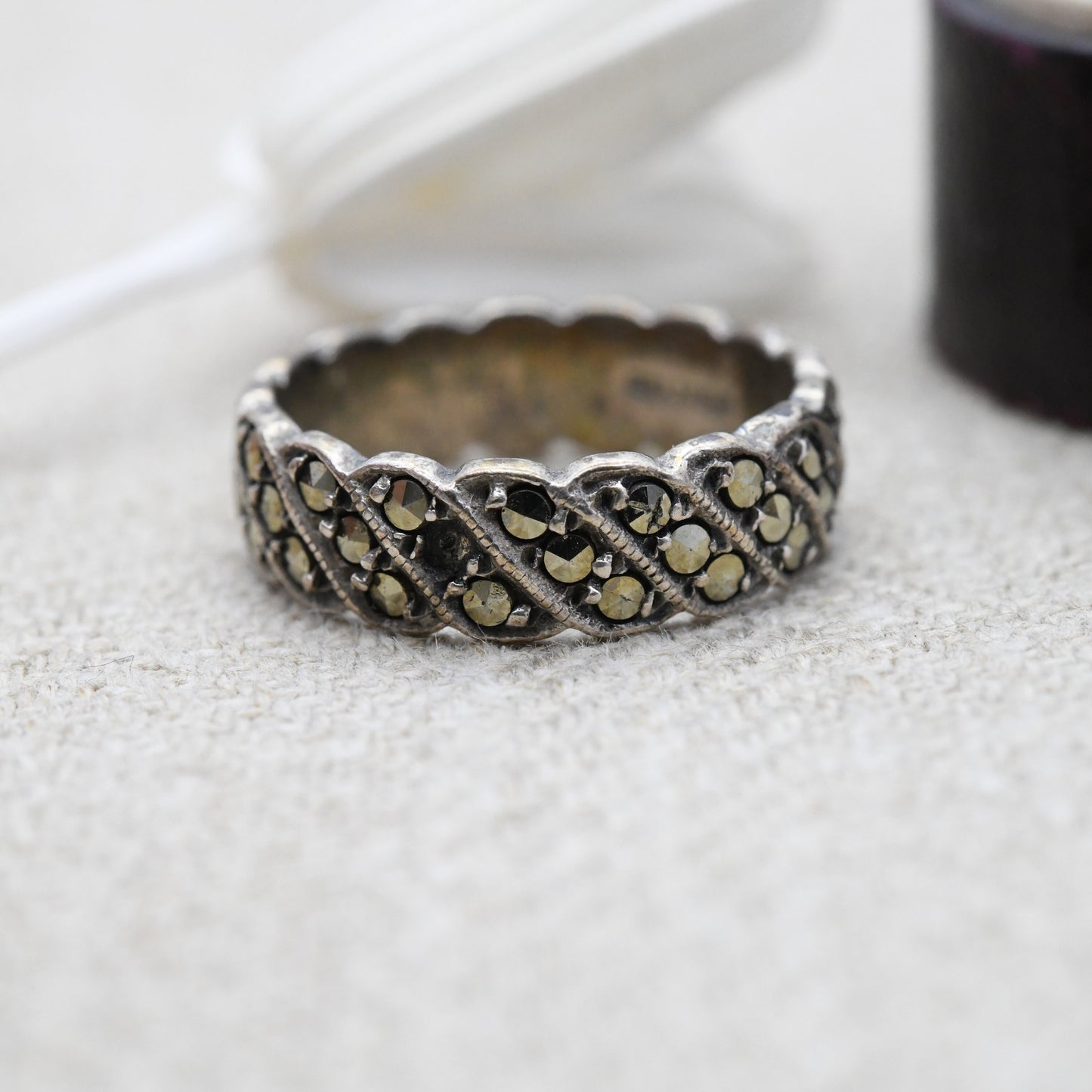 Vintage Sterling Silver Marcasite Ring with Full Eternity Bands of Stones
