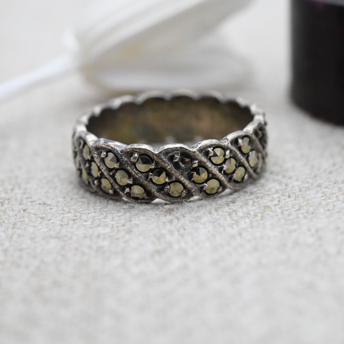 Vintage Sterling Silver Marcasite Ring with Full Eternity Bands of Stones