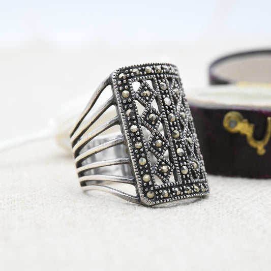 Vintage Sterling Silver Marcasite Armour Ring