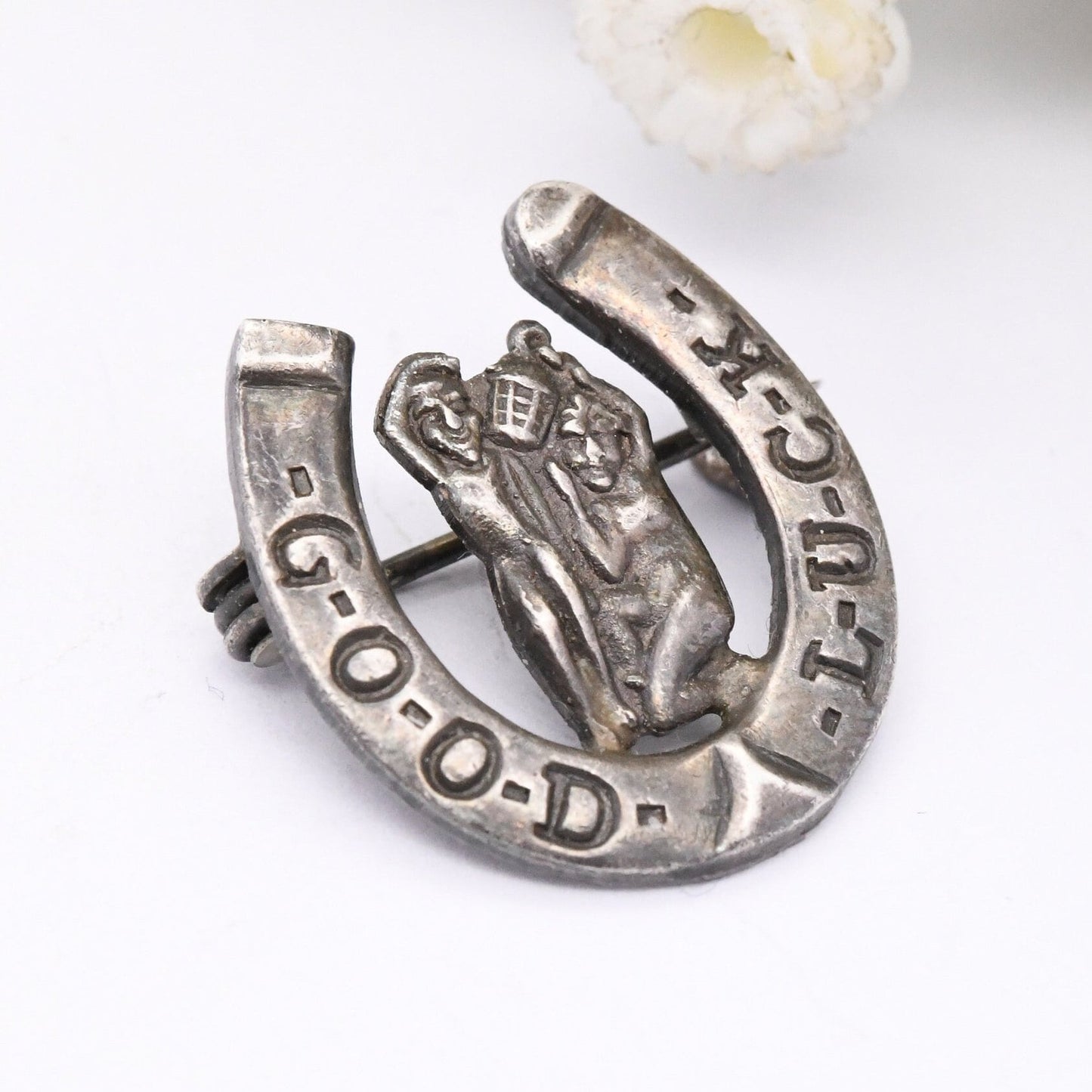 Vintage Sterling Silver Good Luck Horseshoe Brooch with Jack o'Lantern and Joan the Wad | King & Queen of Cornish Pixies | English Folklore