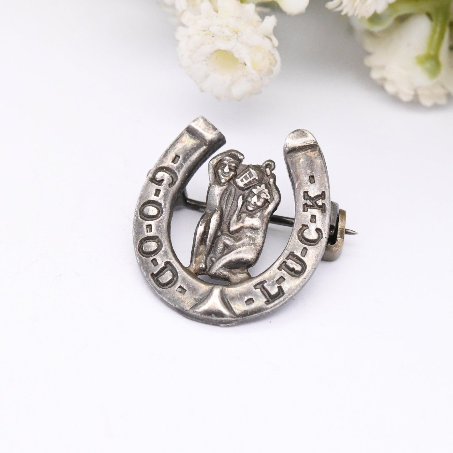 Vintage Sterling Silver Good Luck Horseshoe Brooch with Jack o'Lantern and Joan the Wad | King & Queen of Cornish Pixies | English Folklore