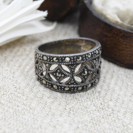 Vintage Sterling Silver Marcasite Ring - Vintage Art Deco Style | Statement Cocktail | Openwork Design | UK Size - K | US Size - 5 1/4