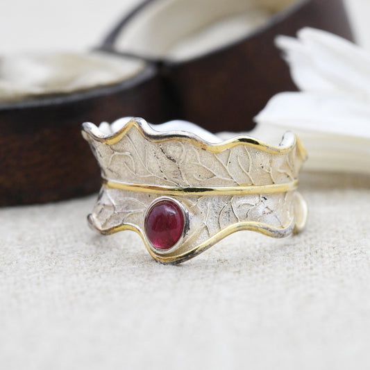 Sterling Silver Leaf Ring with Pink Gemstone - Gold Plated Textured Design | Modernist Statement | Adjustable | UK Size - P 1/2 US Size - 8