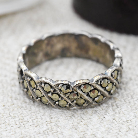 Vintage Sterling Silver Marcasite Ring with Full Eternity Bands of Stones