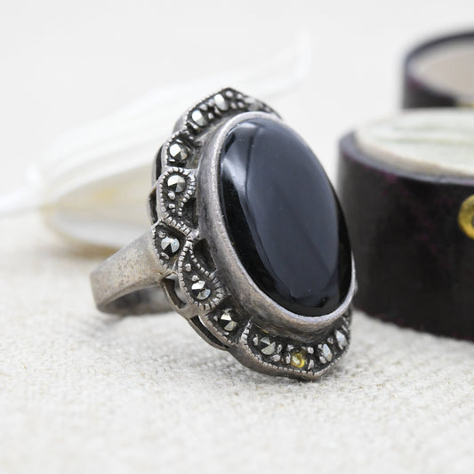 Vintage Sterling Silver Onyx and Marcasite Ring - Statement Cocktail Ring | Black Oval | Art Deco Style | UK Size - I 1/2 | US Size - 4 1/2