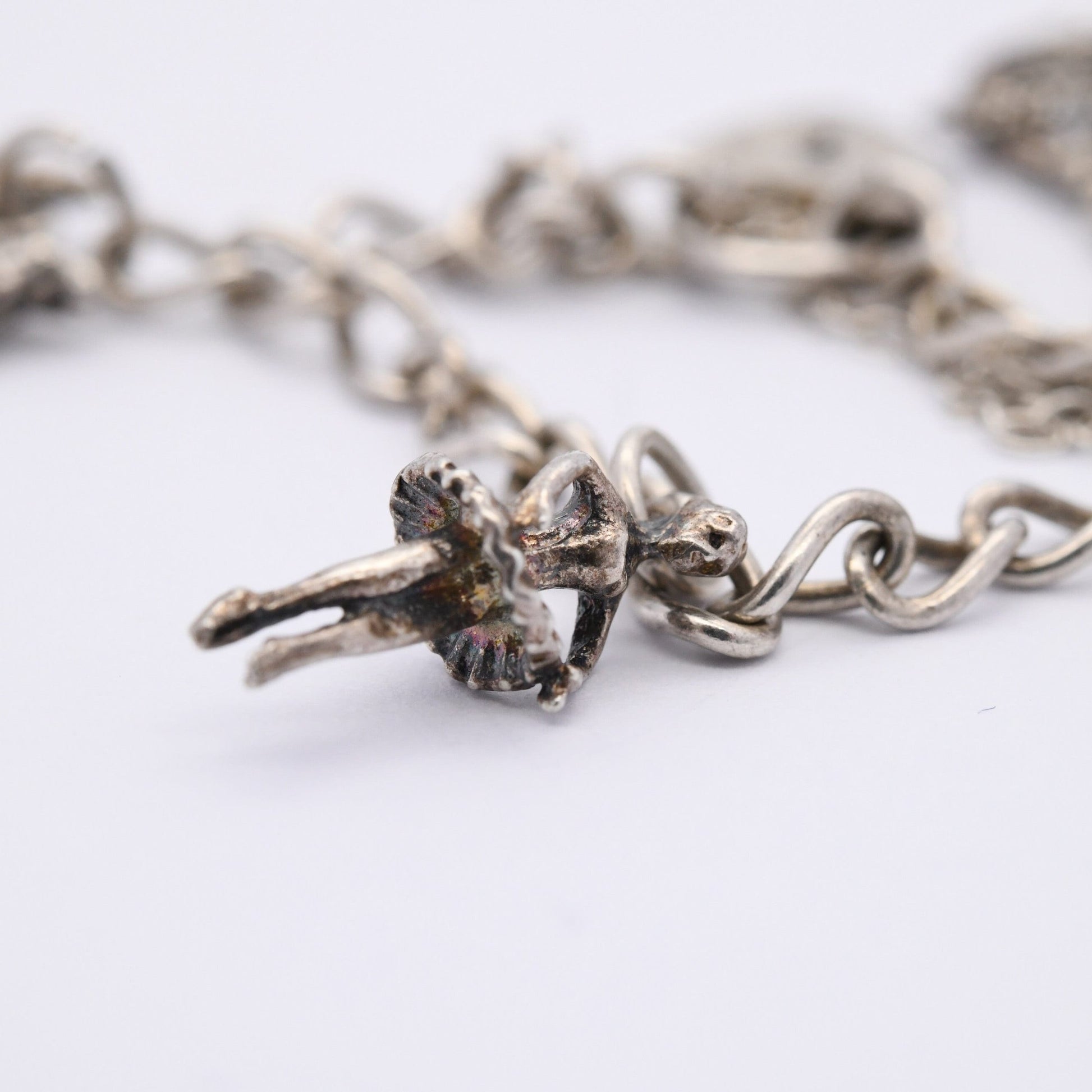 Vintage Sterling Silver Charm Bracelet with Heart Padlock Clasp 1988 - Curb Links with Safety Chain | Starter Charm Set Yorkie Dog Ballerina