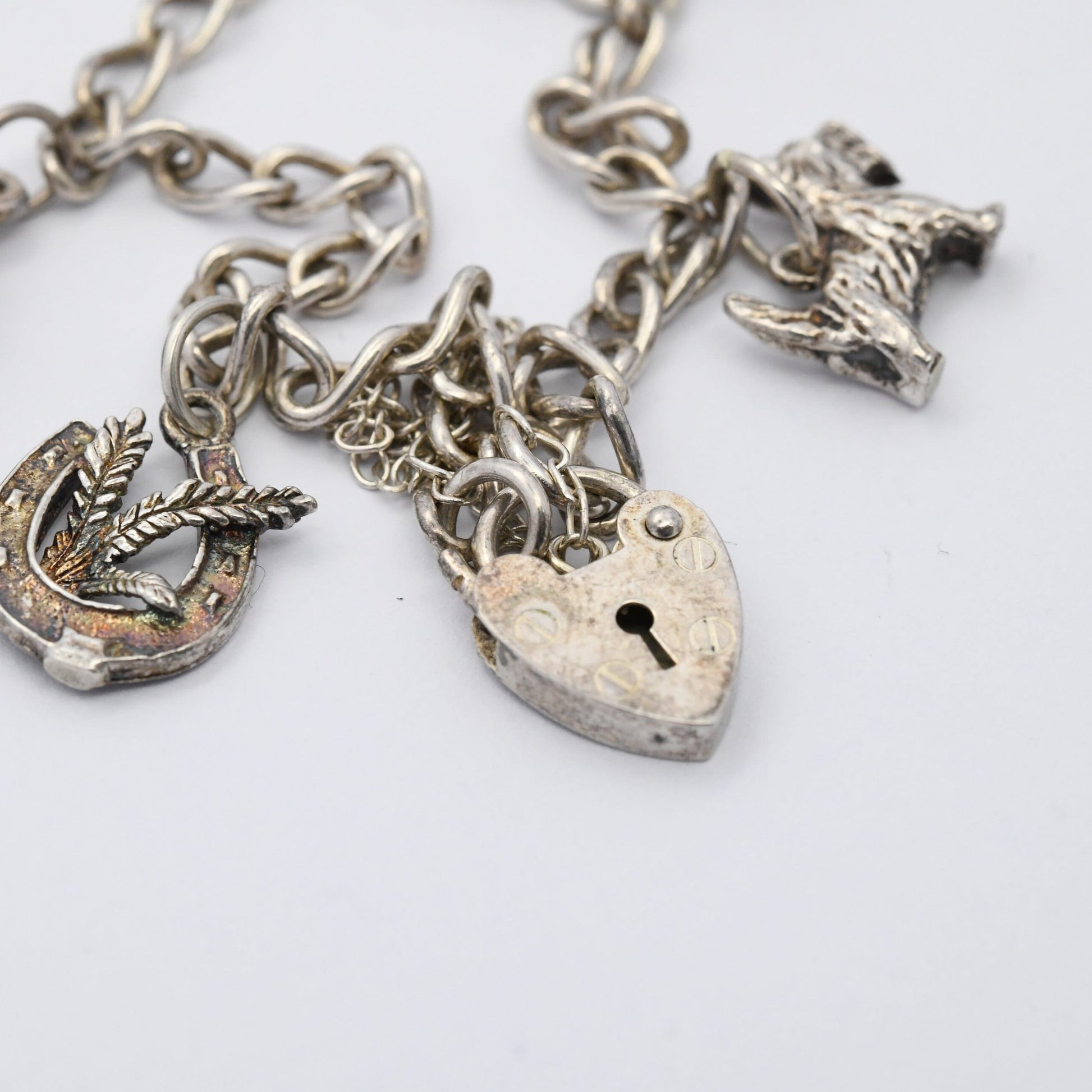 Vintage Sterling Silver Charm Bracelet with Heart Padlock Clasp 1988 - Curb Links with Safety Chain | Starter Charm Set Yorkie Dog Ballerina