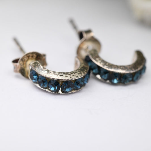 Sterling Silver C Hoop Stud Earrings with Blue Stones