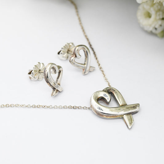 Tiffany & Co Paloma Picasso Loving Heart Pendant and Earrings Sterling Silver Jewellery Set - Signed Designer Jewellery