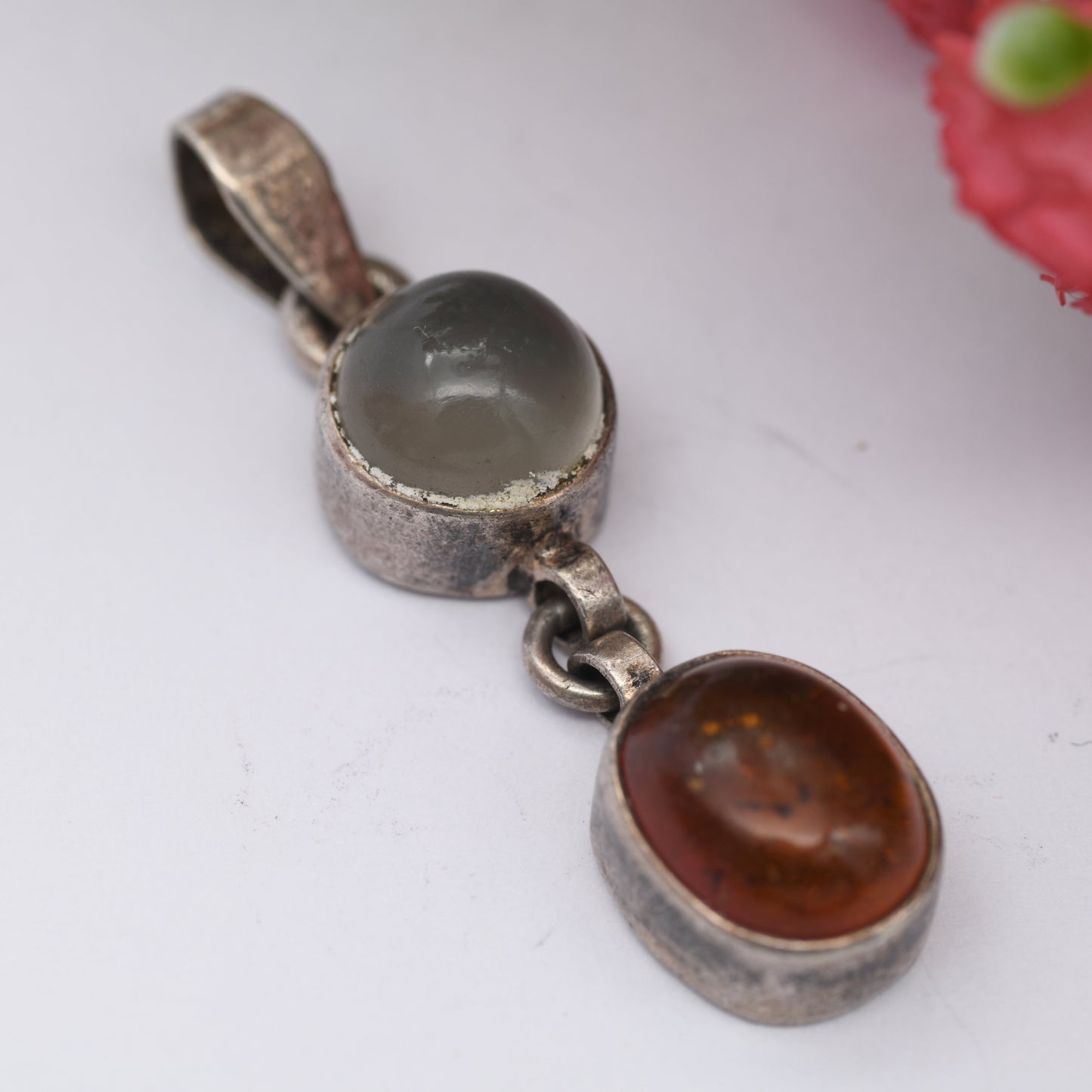 Vintage Amber Moonstone Sterling Silver Articulated Pendant