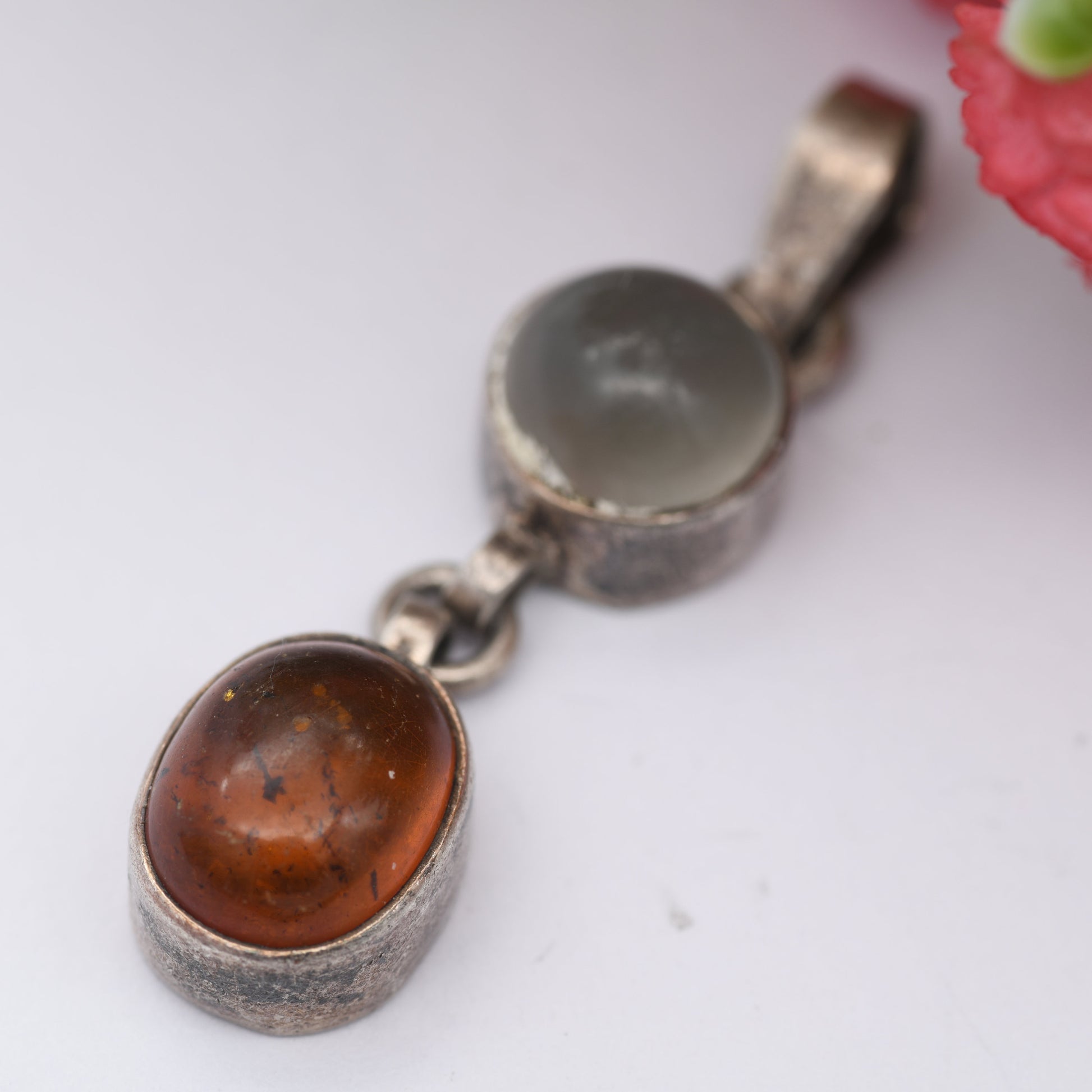 Vintage Amber Moonstone Sterling Silver Articulated Pendant