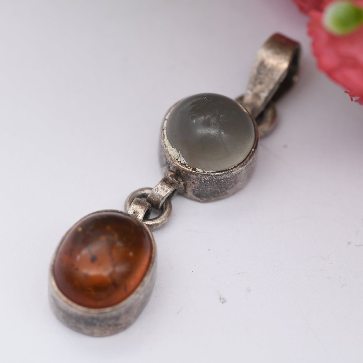 Vintage Amber Moonstone Sterling Silver Articulated Pendant